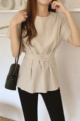 Belted Bow Short Sleeve Casual Shirts
